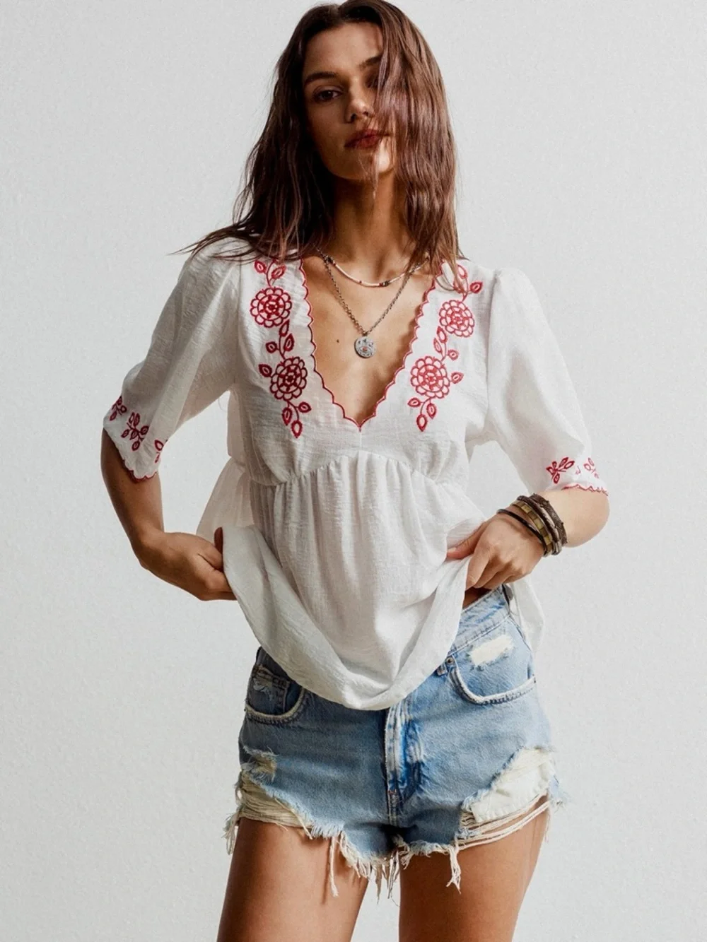 ♥️Hello Gorgeous! Embroidered Floral V-Neck Blouse - White